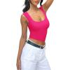 imageREORIA Womens Summer Sexy Square Neck Sleeveless Double Lined Going Out Crop Basic Tank TopsNeon Rose Red