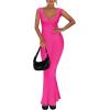 imageREORIA Womens Trendy Sexy Square V Neck Cap Sleeve Elegant Lounge Long Dress Ribbed Bodycon Maxi DressesRose Red
