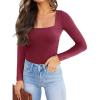 imageREORIA Womens Basic Sexy Square Neck Double Lined Long Sleeve Bodysuit Tops JumpsuitsBurdundy
