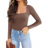 imageREORIA Womens Basic Sexy Square Neck Double Lined Long Sleeve Bodysuit Tops JumpsuitsCoffee