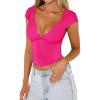 imageREORIA Womens Butsmooth Summer Deep V Neck Backless Lace Short Sleeve Slim Fit TShirts Trendy Y2k Corset Crop TopsNeon Rose Red
