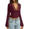 imageREORIA Womens Lace V Neck Bell Sleeve Sexy Going Out Double Lined Trendy Y2K Crop TopsBurgundy