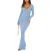 imageREORIA Womens Sexy Soft Lounge Ribbed Long Dress Elegant Long Sleeve Deep V Neck Bodycon Maxi DressesBlue