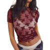 imageREORIA Womens Summer Sexy Mesh Sheer Short Sleeve Lace See Through Y2K Trendy T Shirts TopsBurgundy