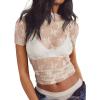 imageREORIA Womens Summer Sexy Mesh Sheer Short Sleeve Lace See Through Y2K Trendy T Shirts TopsLight Apricot