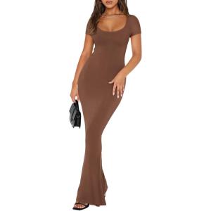 imageREORIA Womens 2025 Sexy Scoop Neck Lounge Long Dress Elegant Basic Short Sleeve Ribbed Bodycon Maxi DressesCoffee