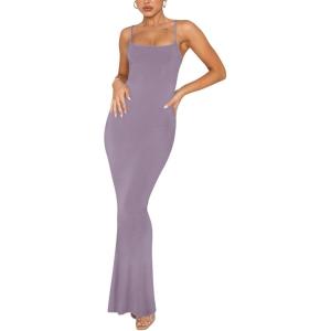 imageREORIA Womens Basic Sexy Lounge Slip Long Dress Elegant Sleeveless Backless Ribbed Bodycon Maxi DressesHazy Lilac