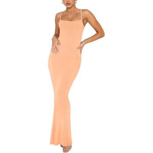 imageREORIA Womens Basic Sexy Lounge Slip Long Dress Elegant Sleeveless Backless Ribbed Bodycon Maxi DressesPeach Fuzz