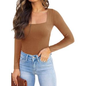 imageREORIA Womens Basic Sexy Square Neck Double Lined Long Sleeve Bodysuit Tops JumpsuitsBrown