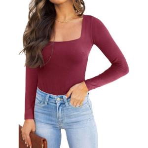 imageREORIA Womens Basic Sexy Square Neck Double Lined Long Sleeve Bodysuit Tops JumpsuitsBurdundy