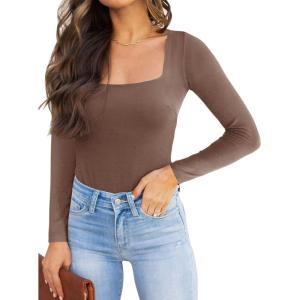 imageREORIA Womens Basic Sexy Square Neck Double Lined Long Sleeve Bodysuit Tops JumpsuitsCoffee