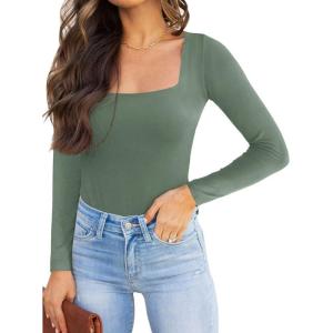 imageREORIA Womens Basic Sexy Square Neck Double Lined Long Sleeve Bodysuit Tops JumpsuitsGreen Grey