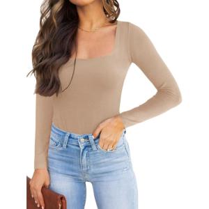 imageREORIA Womens Basic Sexy Square Neck Double Lined Long Sleeve Bodysuit Tops JumpsuitsKhaki