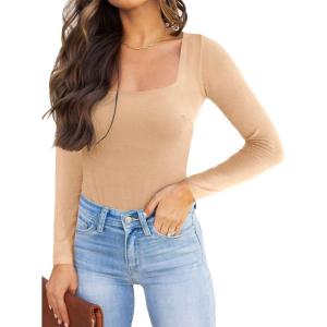 imageREORIA Womens Basic Sexy Square Neck Double Lined Long Sleeve Bodysuit Tops JumpsuitsNude