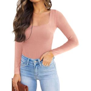imageREORIA Womens Basic Sexy Square Neck Double Lined Long Sleeve Bodysuit Tops JumpsuitsPink