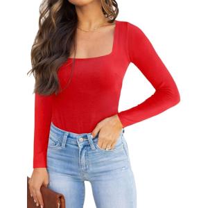 imageREORIA Womens Basic Sexy Square Neck Double Lined Long Sleeve Bodysuit Tops JumpsuitsRed