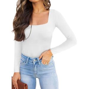 imageREORIA Womens Basic Sexy Square Neck Double Lined Long Sleeve Bodysuit Tops JumpsuitsWhite