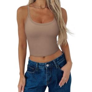 imageREORIA Womens Basic Spaghetti Strap Scoop Neck Tank Top Sleeveless Camisole Yoga Crop TopsKhaki