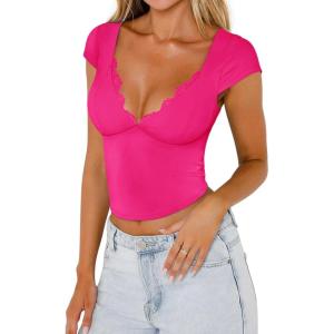 imageREORIA Womens Butsmooth Summer Deep V Neck Backless Lace Short Sleeve Slim Fit TShirts Trendy Y2k Corset Crop TopsNeon Rose Red