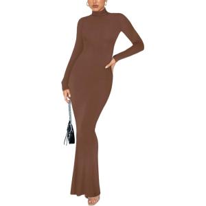 imageREORIA Womens Casual Mock Turtleneck Long Sleeve Elegant Long Dress Lounge Ribbed Bodycon Maxi DressesCoffee