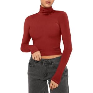 imageREORIA Womens Fall Turtleneck Long Sleeve Ribbed Slim Fitted Tshirts Trendy Basic Y2K Crop TopRed