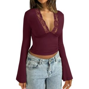 imageREORIA Womens Lace V Neck Bell Sleeve Sexy Going Out Double Lined Trendy Y2K Crop TopsBurgundy