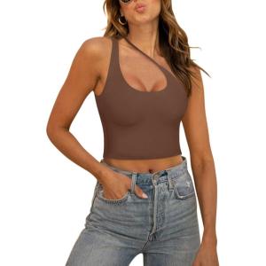 imageREORIA Womens Sexy One Shoulder Cut Out Backless Sleeveless Going Out Trendy Crop Tank Tops