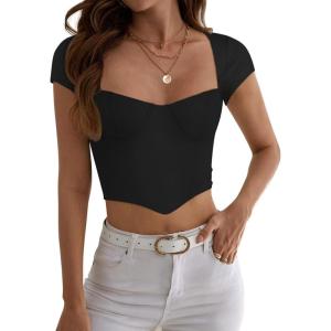 imageREORIA Womens Sexy Square Neck Slim Fit Short Sleeve Corset T Shirts Double Lined Tee Seamed Cup Going Out TopsBlack