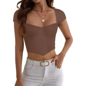 imageREORIA Womens Sexy Square Neck Slim Fit Short Sleeve Corset T Shirts Double Lined Tee Seamed Cup Going Out TopsCoffee