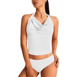 imageREORIA Womens Summer Sexy Halter Neck Ruched Sleeveless Backless Trendy Y2k Going Out Corset Tank Crop TopsBrilliant White
