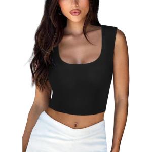 imageREORIA Womens Summer Sexy Square Neck Sleeveless Double Lined Going Out Crop Basic Tank TopsBlack
