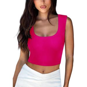 imageREORIA Womens Summer Sexy Square Neck Sleeveless Double Lined Going Out Crop Basic Tank TopsNeon Rose Red