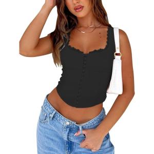 imageREORIA Womens Summer Vintage Trendy Square Neck Lace Trim Tank Crop TopsBlack