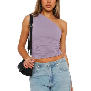 imageREORIA Womens Trendy Summer Sexy One Shoulder Sleeveless Tank Top Trendy Y2k Going Out Crop TopsHazy Lilac