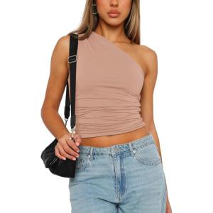 imageREORIA Womens Trendy Summer Sexy One Shoulder Sleeveless Tank Top Trendy Y2k Going Out Crop TopsNude
