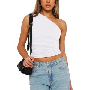 imageREORIA Womens Trendy Summer Sexy One Shoulder Sleeveless Tank Top Trendy Y2k Going Out Crop TopsWhite