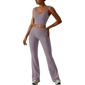 imageREORIA Womens Two Piece Workout Sets V Neck Crop Tank Top and High Waisted Flare Leggings Pants Lounge SetsHazy Lilac