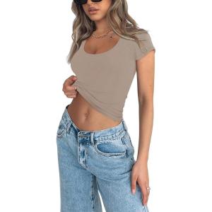 imageREORIA Womens Basic Going Out Scoop Neck Crop Tops Tees Short Sleeve Fitted Tshirts ShirtsKhaki