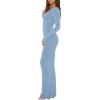 imageREORIA Womens Sexy Scoop Neck Long Sleeve Lounge Long Dress Ribbed Bodycon Maxi DressesBlue