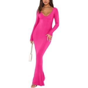 imageREORIA Womens Sexy V Neck Long Sleeve Maxi Dress Casual Lounge Ribbed Bodycon Long DressesRose Red