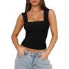 imageREORIA Womens Sexy Square Neck Double Lined Mesh Sheer Ruched Crop Going Out Tops Y2k Trendy Cute Tank Top Summer OutfitsBlack