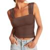 imageREORIA Womens Sexy Square Neck Double Lined Mesh Sheer Ruched Crop Going Out Tops Y2k Trendy Cute Tank Top Summer OutfitsCoffee