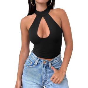 imageREORIA Womens Sexy Criss Cross Halter Neck Crop Tops Trendy Sleeveless Y2K Nightout Clubwear Going Out TopsBlack