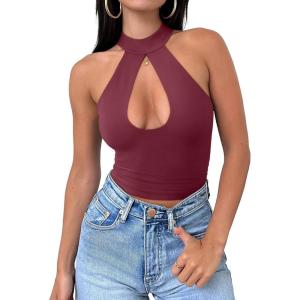 imageREORIA Womens Sexy Criss Cross Halter Neck Crop Tops Trendy Sleeveless Y2K Nightout Clubwear Going Out TopsBurgundy