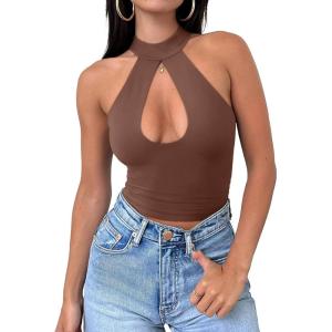 imageREORIA Womens Sexy Criss Cross Halter Neck Crop Tops Trendy Sleeveless Y2K Nightout Clubwear Going Out TopsCoffee