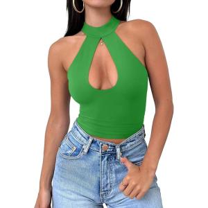 imageREORIA Womens Sexy Criss Cross Halter Neck Crop Tops Trendy Sleeveless Y2K Nightout Clubwear Going Out TopsGreen