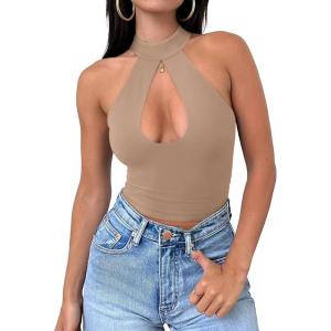imageREORIA Womens Sexy Criss Cross Halter Neck Crop Tops Trendy Sleeveless Y2K Nightout Clubwear Going Out TopsKhaki