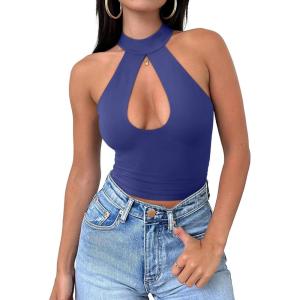 imageREORIA Womens Sexy Criss Cross Halter Neck Crop Tops Trendy Sleeveless Y2K Nightout Clubwear Going Out TopsNavy Blue