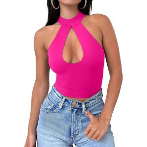 imageREORIA Womens Sexy Criss Cross Halter Neck Crop Tops Trendy Sleeveless Y2K Nightout Clubwear Going Out TopsNeon Rose Red