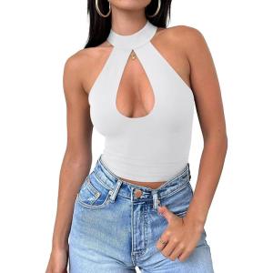 imageREORIA Womens Sexy Criss Cross Halter Neck Crop Tops Trendy Sleeveless Y2K Nightout Clubwear Going Out TopsWhite